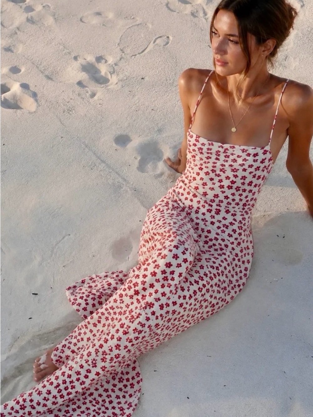 Commense Cream Strapless Maxi Dress with Red Floral Print